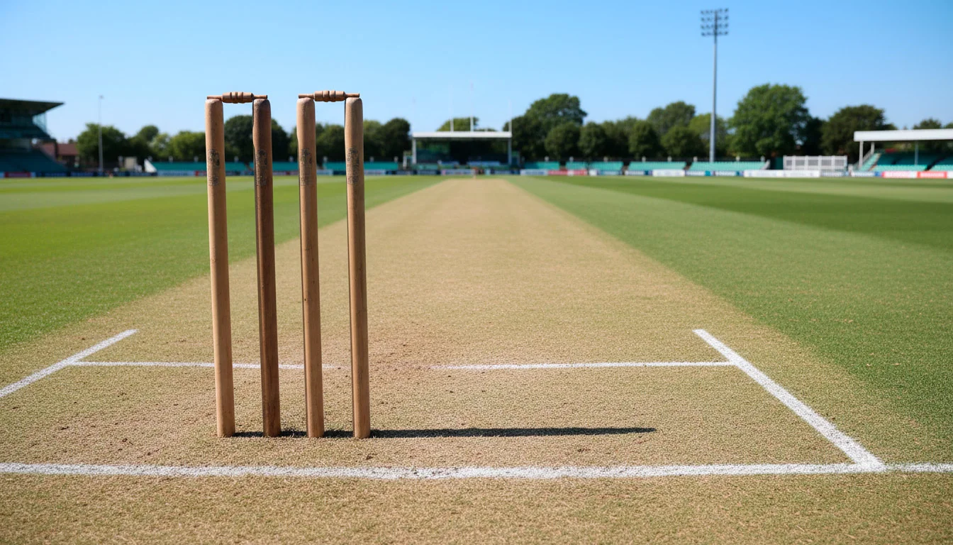 Cricketpitch met wickets en stumps op een ovaal speelveld