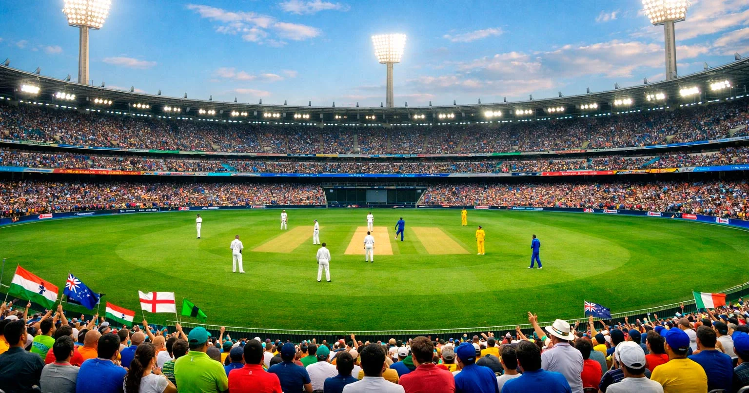 Groot cricketstadion gevuld met fans tijdens een internationaal toernooi