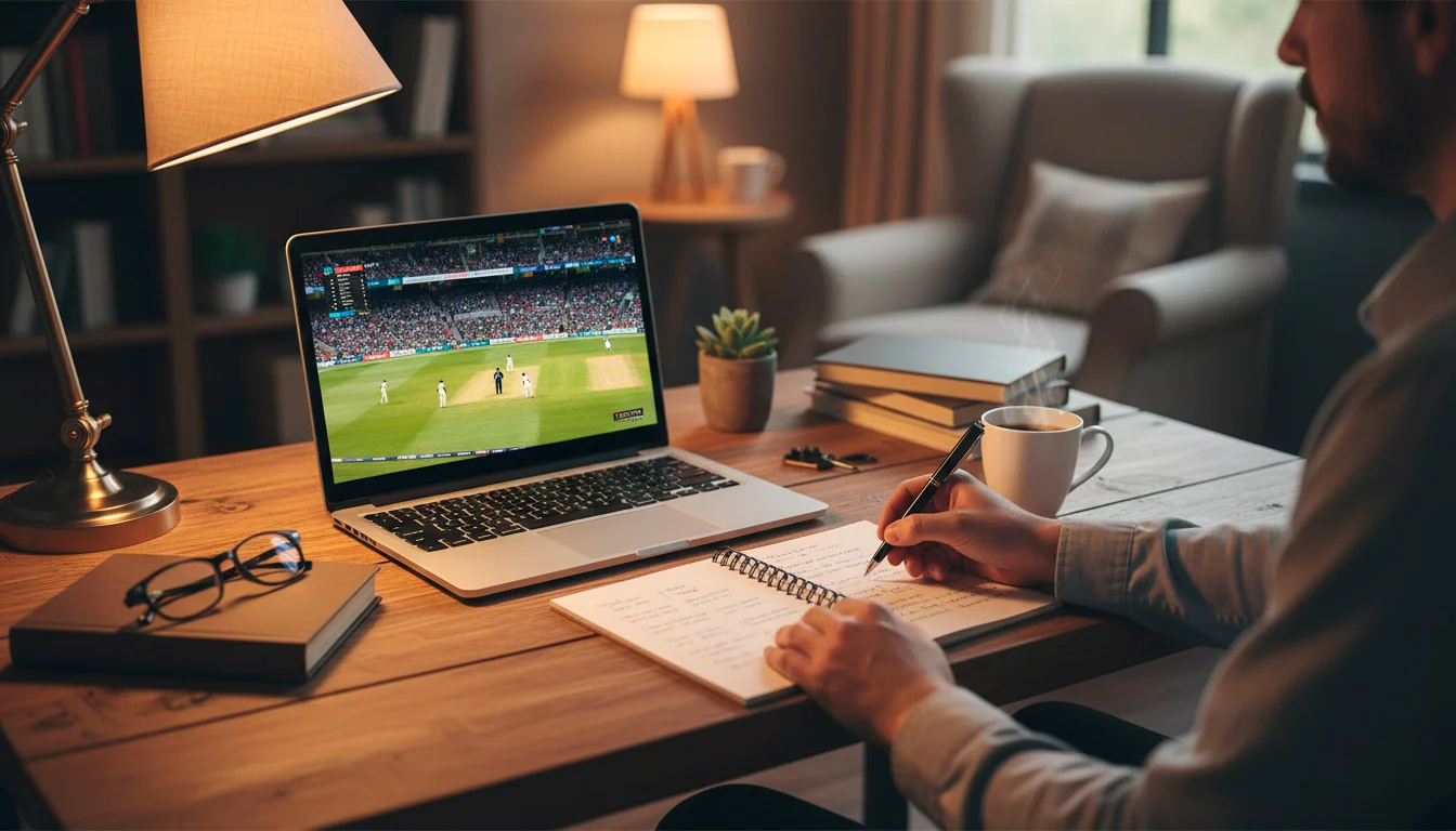 Cricketfan volgt een live wedstrijd op een scherm terwijl hij aantekeningen maakt