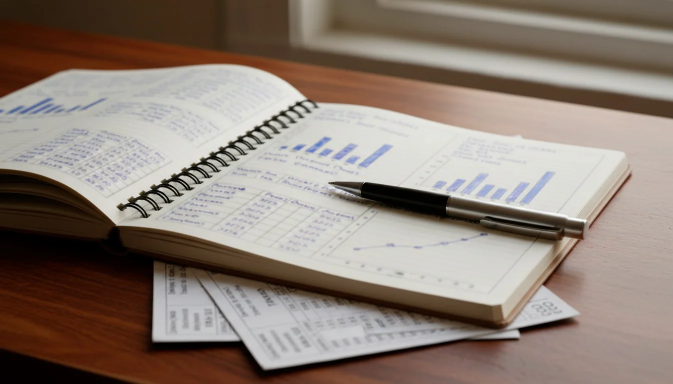 Notitieboek met cricketstatistieken en een pen op een houten bureau
