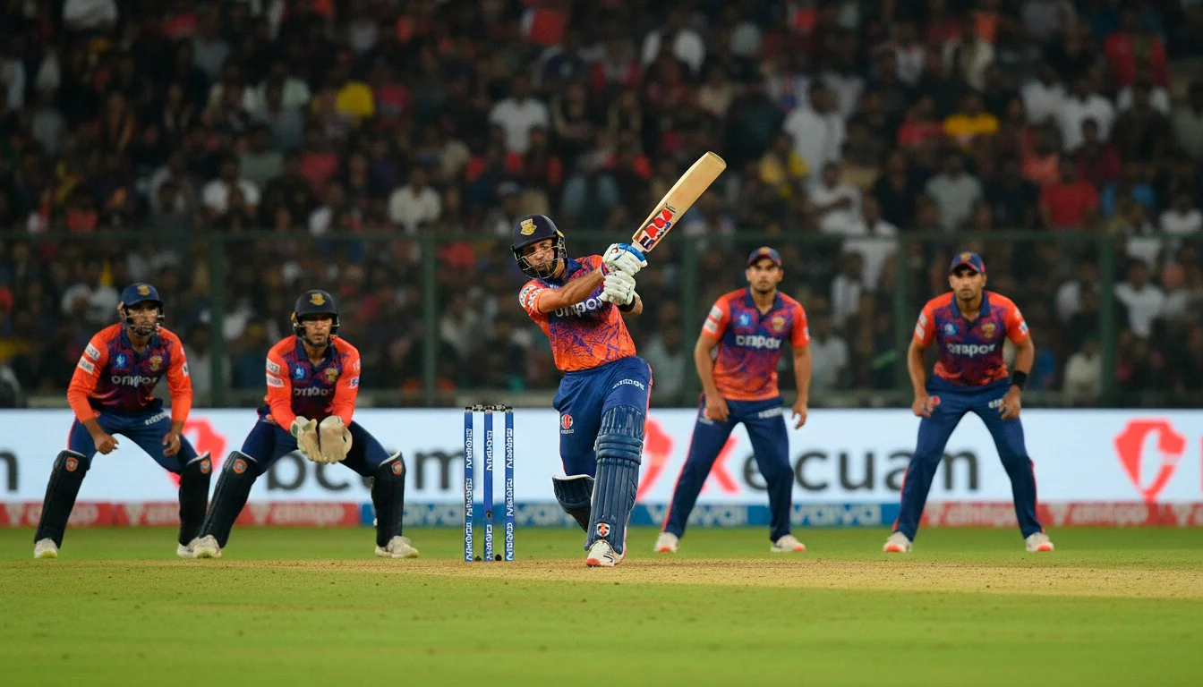 T20 cricketwedstrijd met batsman en fielders in actie onder stadionverlichting